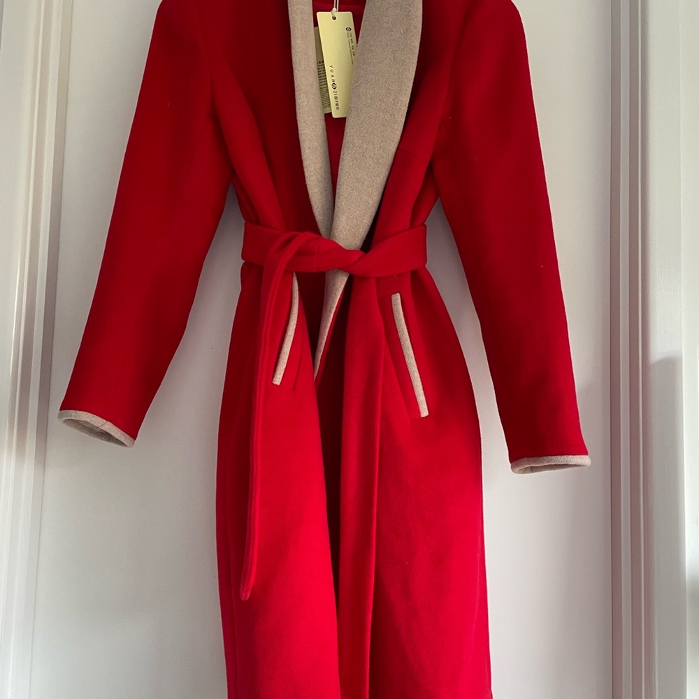 New Designer Red woolen blended Winter coat - Picture 4 of 7